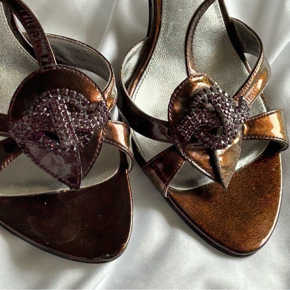 VIA SPIGA Women’s Paten Leather High Heel 6.5 T-Strap Rhinestone Brown Party - Picture 6 of 10